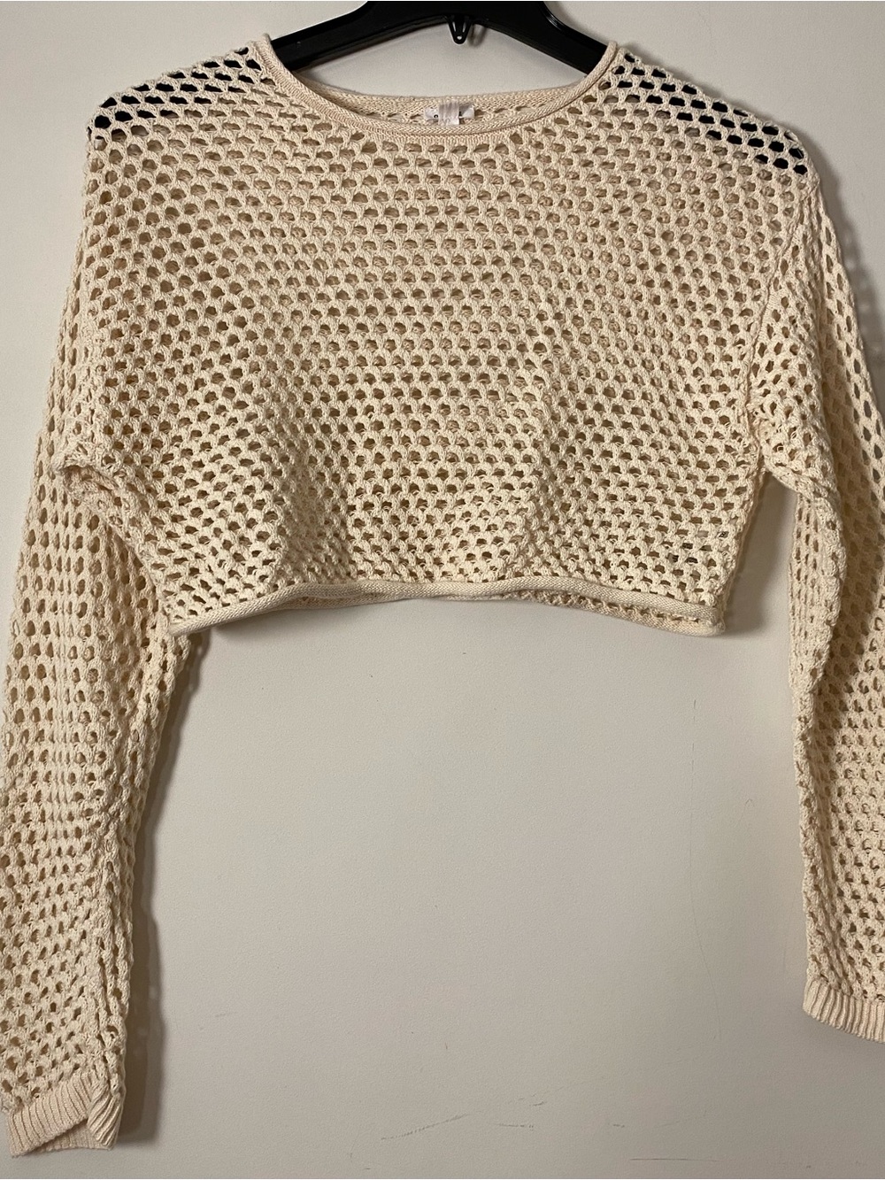 Garage Cream Open-Knit Cropped Crewneck Sweater